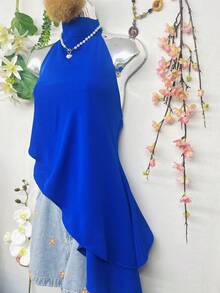 T124 White Sleeveless Turtleneck Blouse, Elegant Asymmetrical Ruffle Design - Royal Blue - View 2