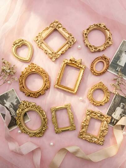 12pcs/10pcs Vintage Gold Baroque Style Resin Photo Frames Decor, DIY Fairy House Mini Wall Frame Decor, Suitable For Doll Scene Building And Display, Personalized Surprise Gift For Family And Friends, Jewelry Store Museum DIY Landscape Frame Statue Accessories
