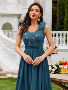 MIUSOL 亮片花卉蕾丝心形领口无袖荷叶边雪纺开衩长款正式派对礼服、晚礼服，适合婚礼宾客、毕业典礼、晚宴及其他场合，夏季优雅 - 霧霾藍 - 查看 9