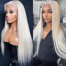 13x4 Transparent Lace Front Platinum Straight Human Hair Wig, 150% Density, #60 Blonde, 20 Inches Long Straight Hair, Suitable For Women - SYellow - View 4