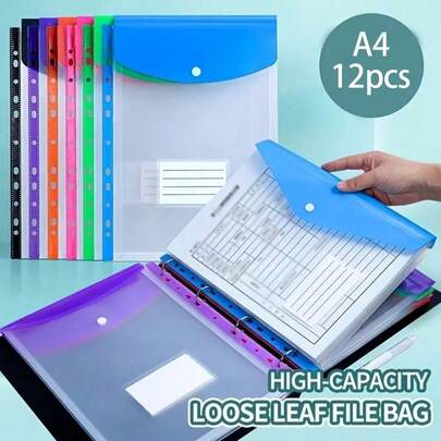 12个A4大容量活页文件夹，11孔环装订，现代PP材质，可扩展按扣和标签口袋，适用于学校、家庭、办公室、考勤、旅行——便携式设计，家用桌面文件整理器，必备学习用品，醒目的文件标记，防潮材质，可用于存放文件、会议记录、学习资料、考试卷、办公用品、简历、纸张、文具等，返校必备