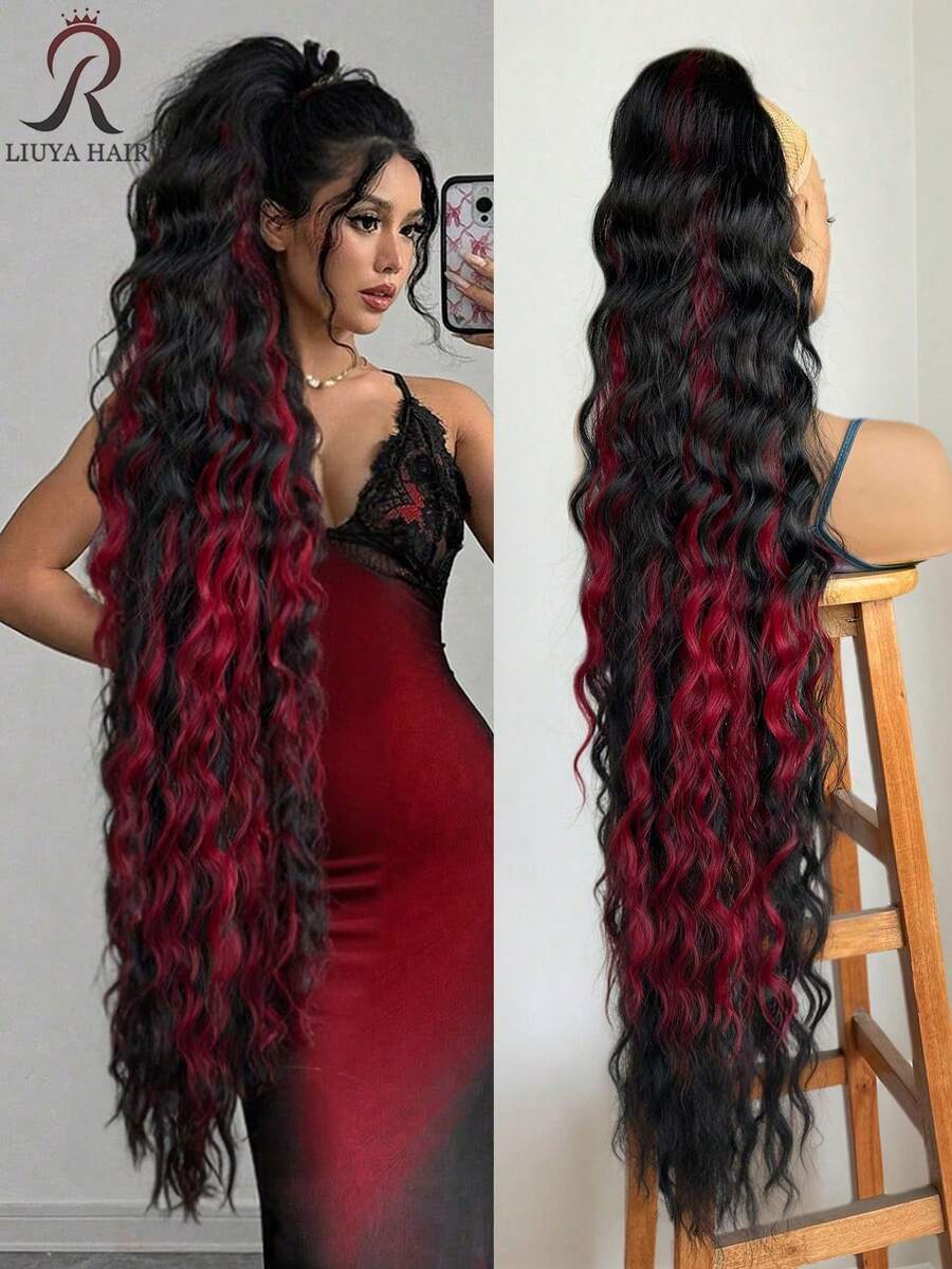 40-Inch Clip-On Ponytail Wig - Black & Red Highlights Long Wavy Curly Hair, Stable Clip Design, Romantic Wavy Texture, Multi-Layer Fluffy & Natural, Suitable For Daily, Party & Photo Shooting. This Elegant & Voluminous Hair Accessory Is Perfect For Halloween And Christmas Parties, Matching Various Skin Tones. A Must-Have Item For Fashion Enthusiasts. - Đánh dấu màu đỏ - Xem 1