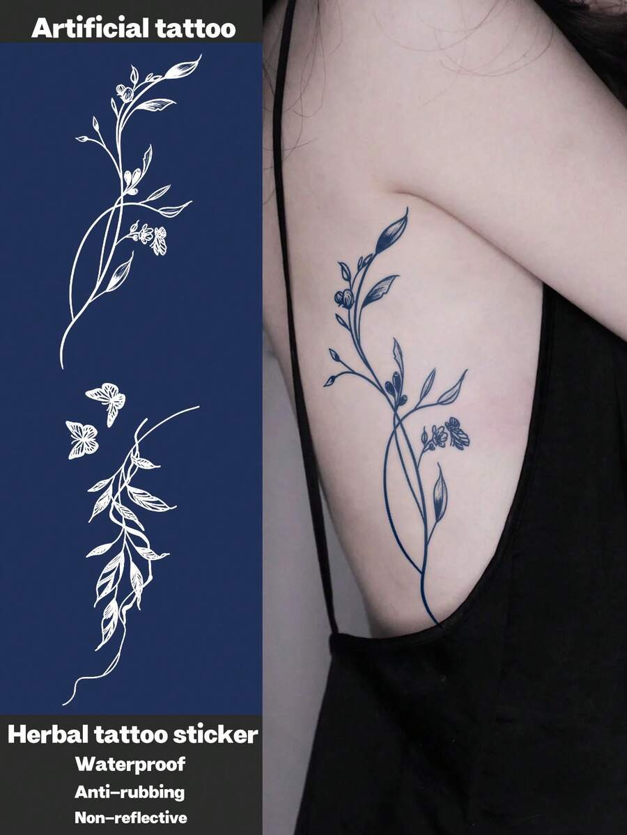 2pcs Herbal Juice Semi-Permanent Magic Tattoo, Simple Tattoo, Fresh Plant & Butterfly Pattern, 7-14 Days Waterproof Non-Reflective Tattoo Sticker For Waist, Shoulder, Neck, Collarbone - Blue - View 1