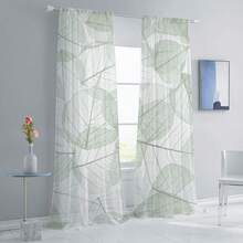 2片装白色和绿色半透明叶脉印花简约植物风格平纹薄纱窗帘，100%涤纶面料，杆袋式，无衬里，90克/平方米，宽度180厘米，适用于卧室、客厅、餐厅和浴室。 - 彩色 - 查看 8