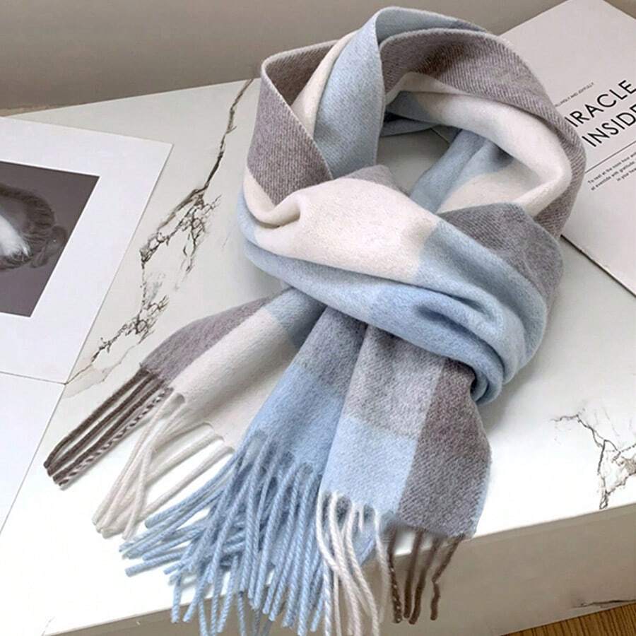 1pc 100% Wool Plaid Scarf, Women's High-End Shawl, 2025 New Winter Neck Warmer, Birthday Gift - Blue - View 1