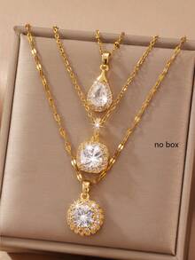 3pcs 18K Gold Plated Copper Cubic Zirconia Water Drop/Square/Round Pendant Necklace Set, Minimalist Design Suitable For Girl's Party And Daily Wear - Multicolor - View 1