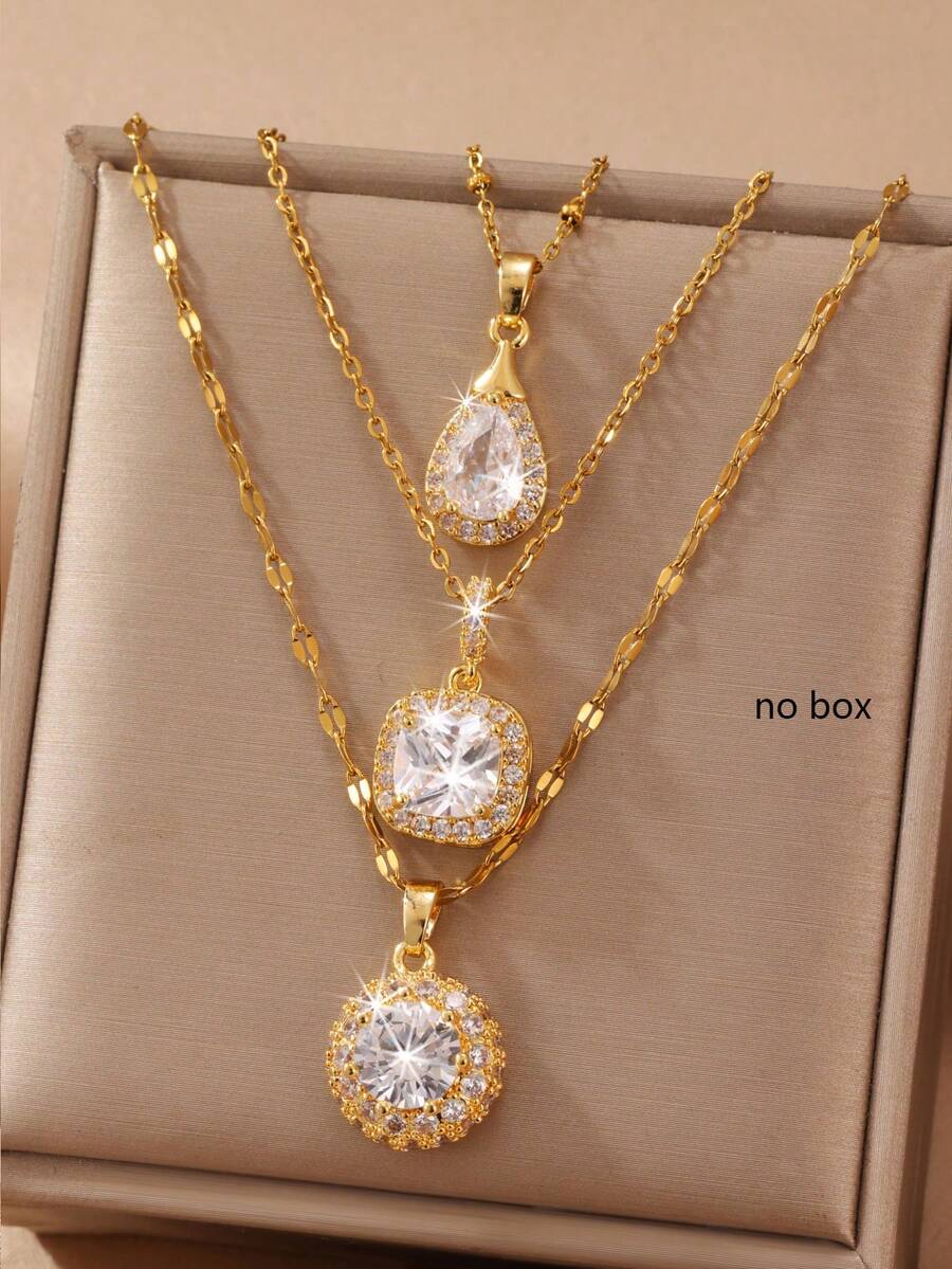 3pcs 18K Gold Plated Copper Cubic Zirconia Water Drop/Square/Round Pendant Necklace Set, Minimalist Design Suitable For Girl's Party And Daily Wear - Multicolor - View 1