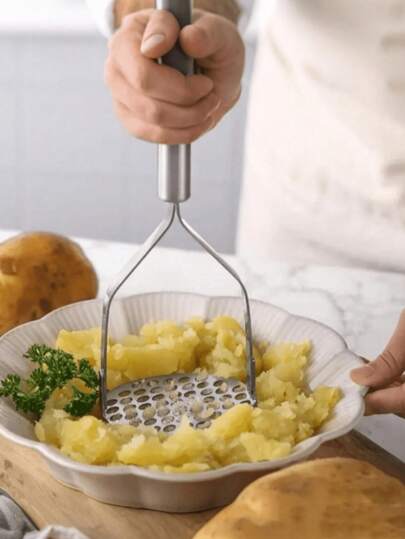 1pc Stainless Steel Potato Masher - Used For Vegetables, Fruits, Non Rechargeable Cookware, Manual Handheld Kitchen Press Tool - Durable Multifunctional Crusher For Household And School Supplies, Essential Kitchen Tool