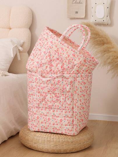 1Pc Floral Print Quilted Storage Basket Laundry Basket Large Capacity Portable Storage Bag Foldable Snack Basket With Handle For Women And Girls Cosmetic Storage Basket Toy Storage Basket Skincare Storage Basket Women Makeup Storage Multifunctional Storage Basket Cosmetic Organizer Home Decor Livingroom Bedroom Decor Bathroom Decor Closet Organization And Storage Clothes Organizer Home Deco School Dormitory Back To School Essentials