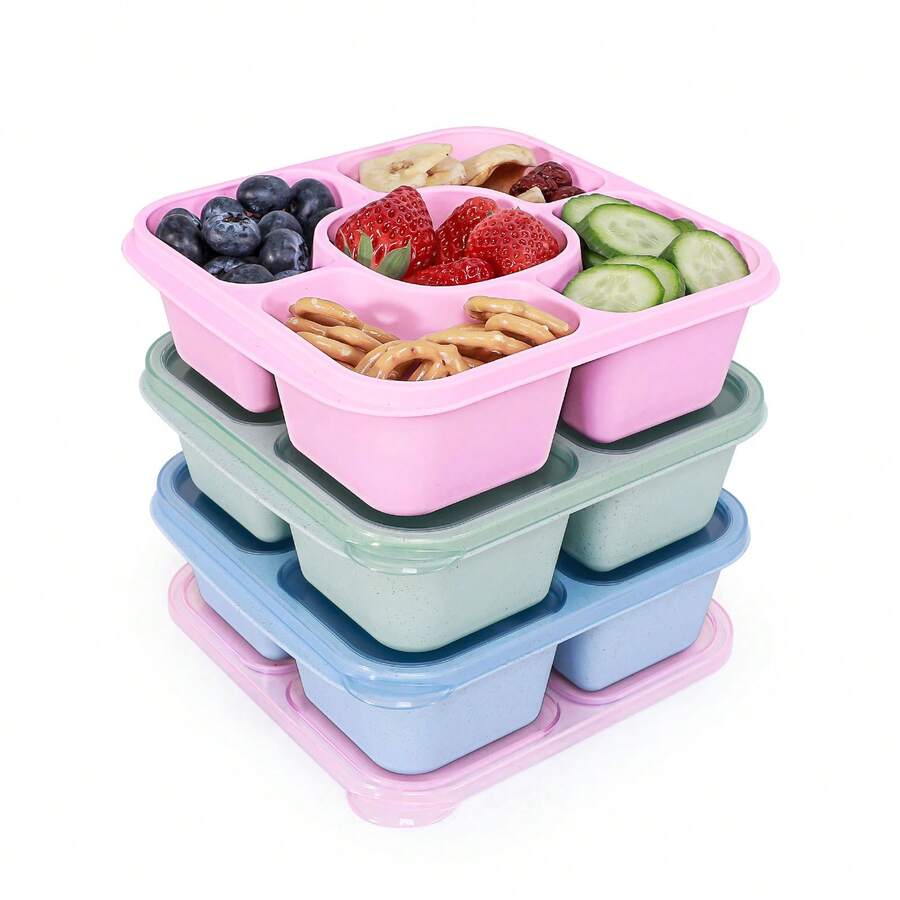 Bộ 3 hộp đựng đồ ăn nhẹ Bento có nắp đậy - Hộp đựng thức ăn trưa 5 ngăn, dùng được trong máy rửa chén và lò vi sóng - Lý tưởng để đựng đồ ăn nhẹ và trái cây.