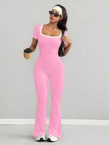 AITYI Studio Women's Pink Jumpsuit, Square Neck Short Sleeve Contrast Color Fashion Design, Hollow-Out Backless Fitness Sports Shaping Slim Comfortable Elegant Y2K Style Suitable For Daily, Commute, Party, Holiday Outfit. Suitable For Independence Day, Back To School, Pride Month, Carnival, Music Festival, Mother's Day. New Spring/Summer Short Sleeve Comfortable Knit Flared Leg Jumpsuit - Pink - View 6