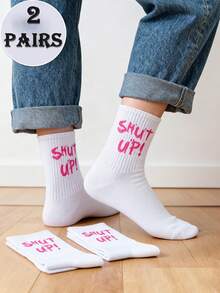 2 Pairs Women's White & Pink Contrast Slogan Soft & Snug Casual Mid-Calf Socks, Unisex Streetwear Gift - Multicolor - View 3