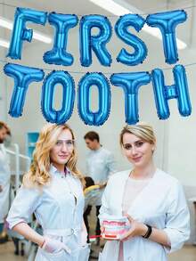 12pcs 16-Inch Pink & Blue "FIRST TOOTH" Letter Balloons, Large Pink & Blue Bow Foil Balloons, Suitable For Tooth Fairy Party, First Tooth, Birthday Party Decoration - Multicolor - View 6