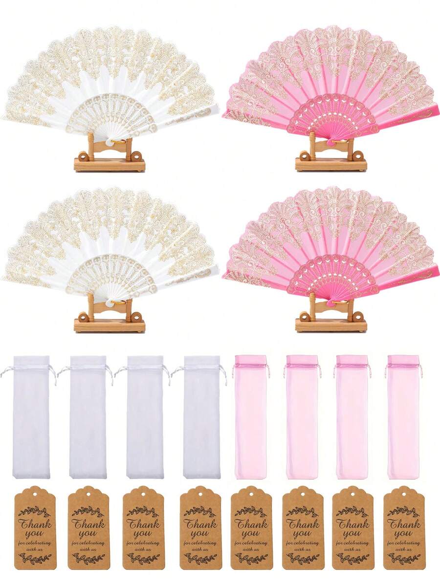 Bộ quà tặng tiệc cưới 9/3 món, gồm quạt xếp màu vàng/hồng, túi vải organza, thiệp cảm ơn, bộ quà lưu niệm, lý tưởng để tặng bạn bè, khách mời, tiệc cô dâu, tiệc sinh nhật, phụ kiện chụp ảnh. - nhiều màu - Xem 1