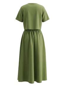2pcs Set Casual Round Neck Short Sleeve Button Style Cropped Top Paired With Single-Breasted Pocket A-Line Skirt Set Summer - Army Green - View 2