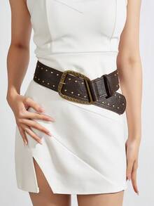 1 pieza Cinturón clásico de mujer con hebilla retro, remaches y PU, de moda para el trabajo, las vacaciones, adecuado para vestidos y pantalones - Café - Ver 2