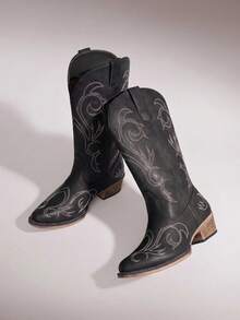 Women's Cowboy Western Boots Mid Calf Cowgirl Boots Square Toe Chunky Heel Embroidery Stitched  For Party Music Festival Party - 黑色 - 查看 2