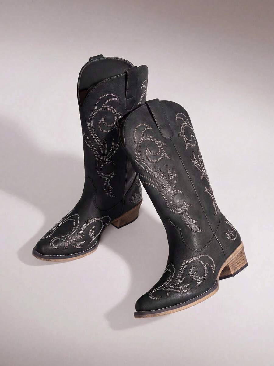 Women's Cowboy Western Boots Mid Calf Cowgirl Boots Square Toe Chunky Heel Embroidery Stitched  For Party Music Festival Party - 黑色 - 查看 1