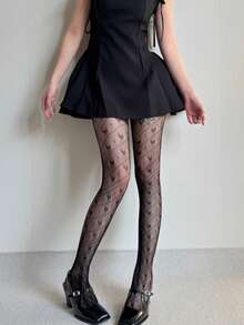 1 Pair Women's Herringbone Heart Polka Dot Fishnet Stockings, Valentine's Day - Black - View 2