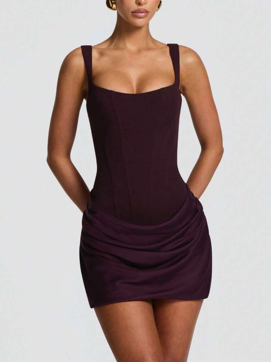 1件装女士纯色甜心领褶皱腰身时尚迷你连衣裙优雅 - 紫色 - 查看 1