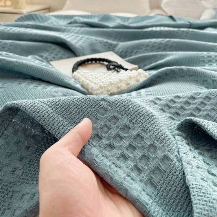 1条柔软舒适的华夫格纱布毯 - 100%纯棉，亲肤，纯色，适用于床、沙发、枕头 - 非常适合放松和依偎 - 湖藍 - 查看 9