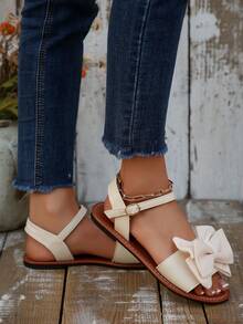 Sandal quai ngang màu nâu cổ điển mùa hè, sandal đế mềm hở mũi có nơ dành cho học sinh, kiểu dáng casual để đi bộ. - Hồng - Xem 3