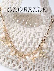 GLOBELLE 波西米亚风沙滩包 - 手工编织网状手提包，饰有金色贝壳海星吊坠，适合夏季、泳池边和海滨度假的针织钱包 - 白色 - 查看 10