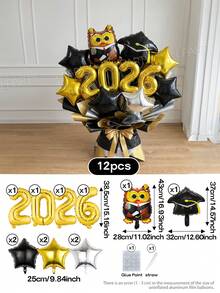 12 pièces/set Ballons de décoration pour fête de remise des diplômes, bouquet de ballons 4 styles, mini hibou docteur/bonnet de graduation/"Tu l'as fait" rond/ballons étoiles 10 pouces or/noir/argent/or rose, 2026, cérémonie de remise des diplômes - Voir 14