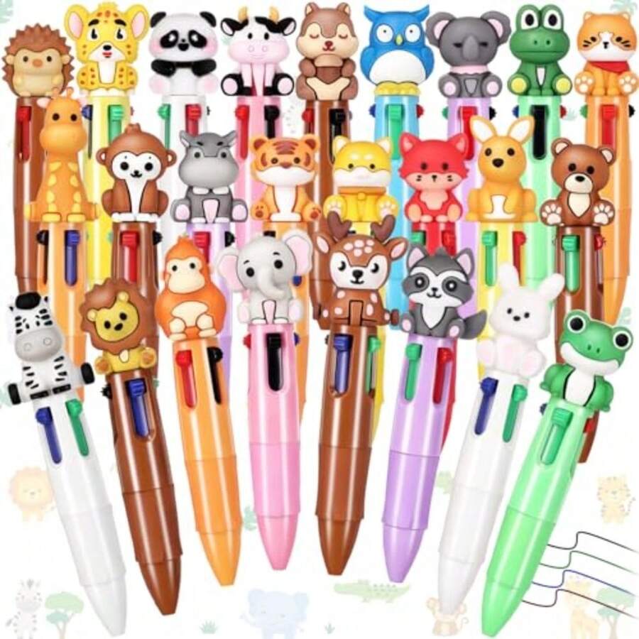 25pcs Safari Multicolor Pens In One 4-In-1 Fun Cute Animals Pens Bulk Ballpoint Pen For Novelty Gifts Assorted Ink Teacher Office Birthday Supplies Goodie Bags Stuffers - 25 - Xem 1