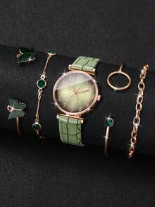 5件套女士礼品手表，时尚休闲数字叶形表盘经典优雅石英腕表+蝴蝶表带（不含表盒） - 綠色 - 查看 2