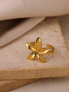 Anillos de flor de acero inoxidable para mujeres y hombres, color dorado vintage, con pétalos abiertos y ajustables, joyería de regalo - JZ9110G - Ver 3