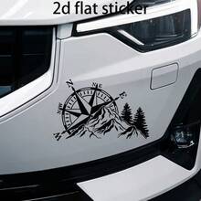 2D Flat Two-Tone Compass Sticker With Mountain And Pine Tree Pattern, Vinyl Material, Self-Adhesive, Semi-Matte Finish, Reusable On Cars, Laptops, Etc. - A - View 6
