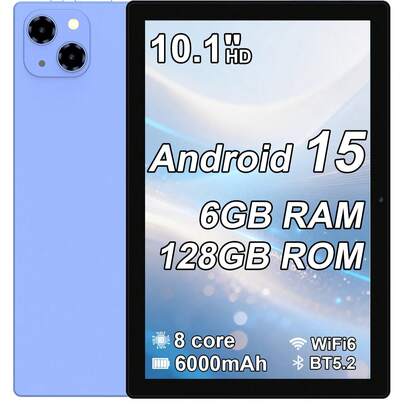 Qetupa 10.1 英寸 Android 15 平板电脑，2026 年新款旗舰 A19 平板电脑，MTK8788 八核 2.0GHz 处理器，6GB RAM + 128GB ROM（支持 1TB SD 卡扩展），5MP 前置摄像头 + 13MP 后置摄像头，1280*800 高清 IPS 触摸屏，6000mAh 电池，蓝牙 5.2，GPS，802.11ax Wi-Fi 6，Type-C 充电端口。