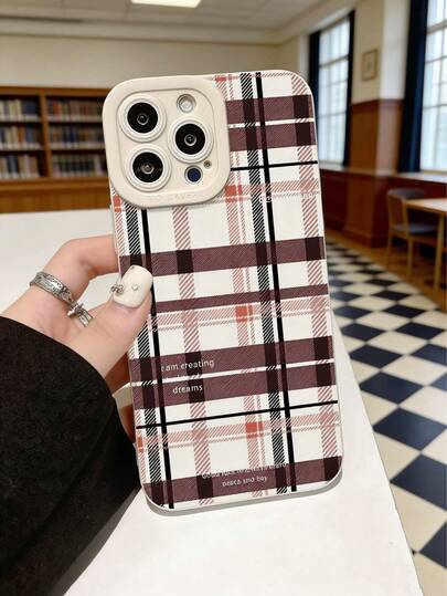1pc Literary Plaid Phone Case Milk Coffee Color Plaid With English Slogan Print Full-Coverage Anti-Drop Protective Case Compatible With 7P XR 11 12 13 14 15 16 Pro Max 17 Pro Max 17 PRO Air 17 S22 S23 S24 S25 Ultra A13 A14 A15 A16 A53 A54 A55, Etc.