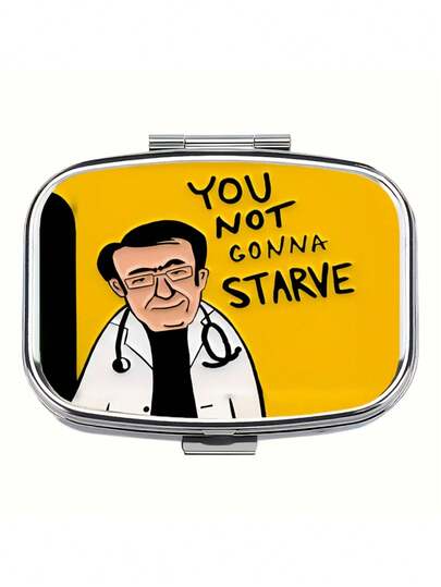 1个时尚实用的医生图案药盒，“你不会挨饿”黄黑配色，精美礼品，金属质感塑料材质，双隔层便携式收纳盒，男女通用装饰配件，适用于包袋、背包、派对、节日、婚礼、日常使用。
