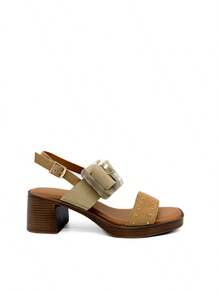 Sandalias de Tacón Corina en Antelina con Tachuelas y Hebilla Nacarada XL - Beige caqui - Ver 1