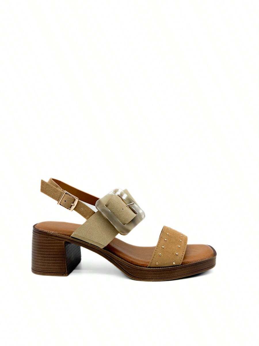 Sandalias de Tacón Corina en Antelina con Tachuelas y Hebilla Nacarada XL - Beige caqui - Ver 1