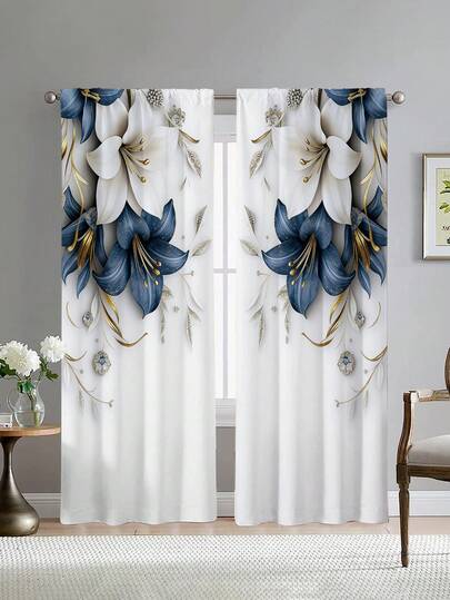 2pcs Elegant Blue And White Floral Curtains Featuring A 2D Flat Design With Golden Accents, Without Holes Curtain,Refer To Bedroom Office Kitchen Living Room Study Home Decor