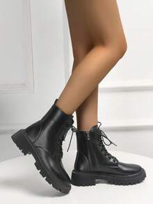 Women's Fashion Ankle Boots, Casual Side Zipper Lace-Up Combat Boots - Black - View 9