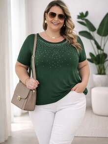 Plus Size Short Batwing Sleeve Blouse With Round Neck And Rhinestones - Casual Chic - Comfortable Knit Fabric - Urban Everyday Look - 軍綠色 - 查看 9