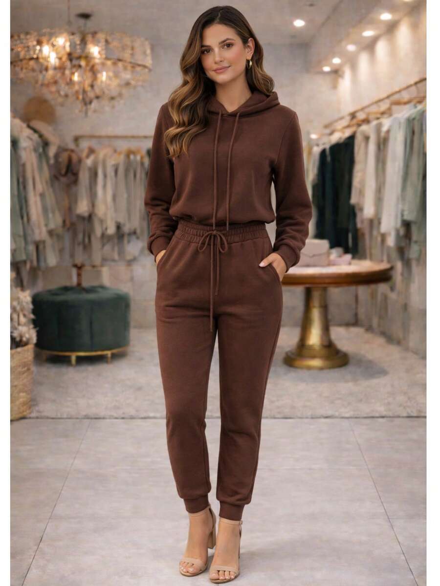 Women's 2-Ply Fleece Tracksuit Set, Winter Fashion, Cold Weather. - Chocolate Brown - View 1
