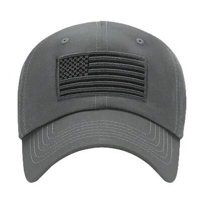 Oversized American Flag Embroidered Solid Color Baseball Cap, Wide Brim, Gray Outdoor Dad Hat, Unisex