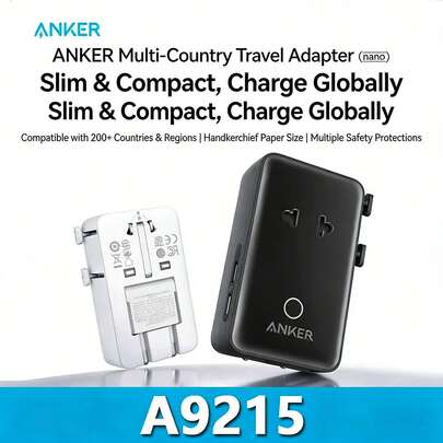anker Bộ chuyển đổi nguồn du lịch 5 trong 1 A9215 Nano, sạc nhanh 20W, bộ chuyển đổi đa năng dùng được ở nhiều quốc gia, tương thích với các ổ cắm tiêu chuẩn của Mỹ, Anh, Châu Âu, Úc, Nhật Bản và Hàn Quốc, màu đen.