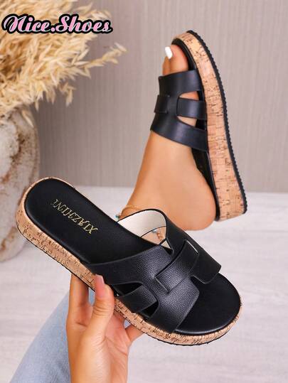 Women's H-Shape Hollow Wide Strap Soft Wood Texture Thick Sole Casual Slippers, Suitable For Daily Wear, Commuting, Shopping, Short Trips, Gatherings With Friends. Available In Brown, Black, And White Wedge Heel Thick Sole Sandals
