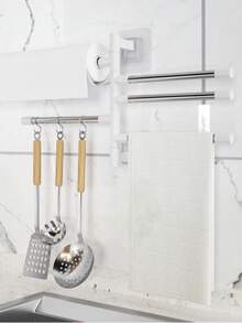 1pc Stainless Steel Towel Rack, Foldable Rotating Bathroom Storage Hanger - White - View 4