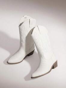 Women's Cowboy Cowgirl Western Boots  Embroidery Stitched Point Toe 1.37-Inch Chunky For Party Dance Date Mid Calf Boots - 白色 - 查看 2