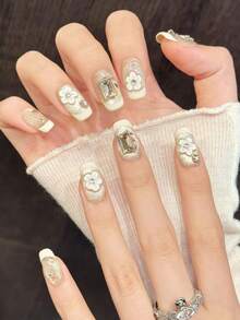 10pcs Spring/Summer Handmade Press On Nails, Nude & Gold Glitter With Rhinestone & Flower Fake Nails, Short Square/Oval Nails Acrylic False Nails For Wedding Bride & Music Festival, DIY Nail Art Supplies, Reusable, With Jelly Glue And Nail File - Champagne - View 12