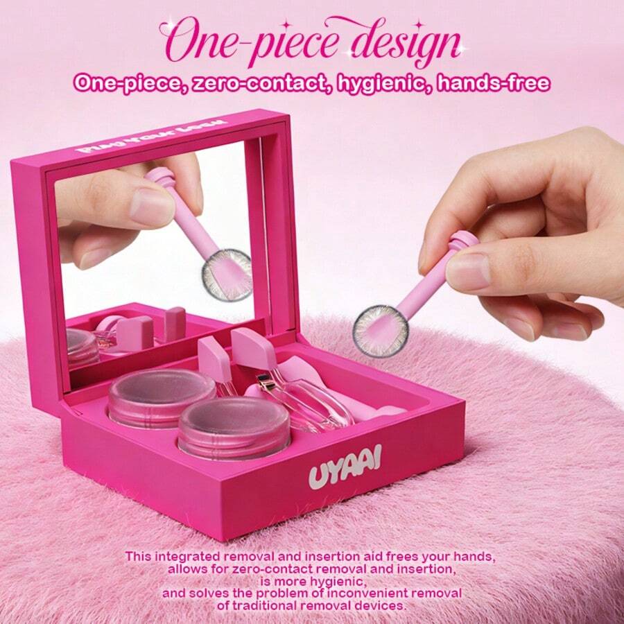 UYAAI 1pc Hot Pink All-In-One Accessory Set, Includes Foldable Soft Silicone Tweezer, Insertion/Removal Tool With Mirror & Storage Case, Designed For