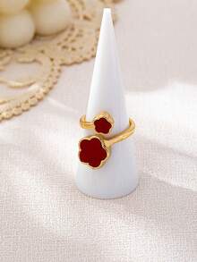 2pcs Fashionable Elegant Luxury High-End Classic Red Clover Ring Set, Suitable For Women, Flexible Stacking/Mixing - Red - View 4