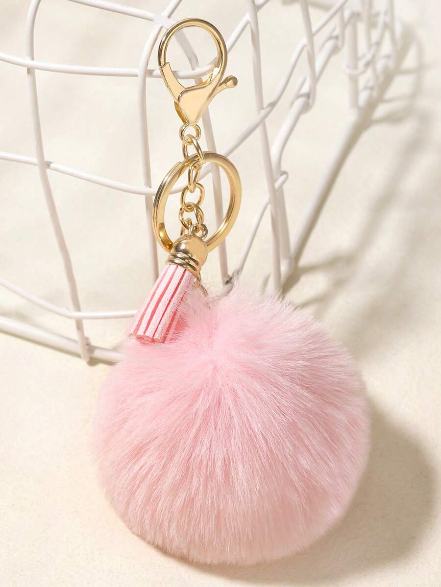 1pc Light Pink Small Tassel Faux Fur Ball Keychain, Bag Charm